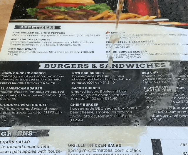 Waterproof Menu Printing for Restaurants Close-up of waterproof menu with burger and salad options for restaurants.